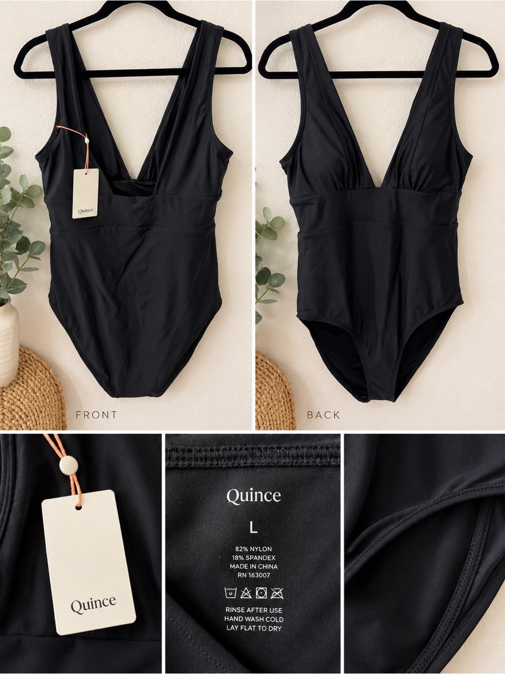 Quince Black One Piece Swimsuit Plunge V Neck Size L NWT